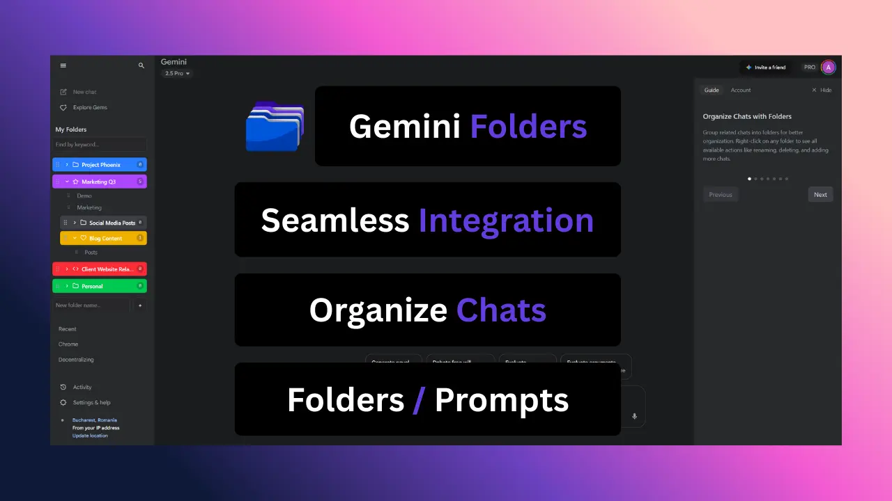 Gemini Folders Chrome extension showing organized chat folders in Google Gemini interface
